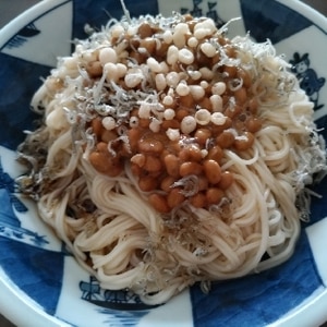 ちりめんじゃこ、天かすのせ！納豆そうめん♡